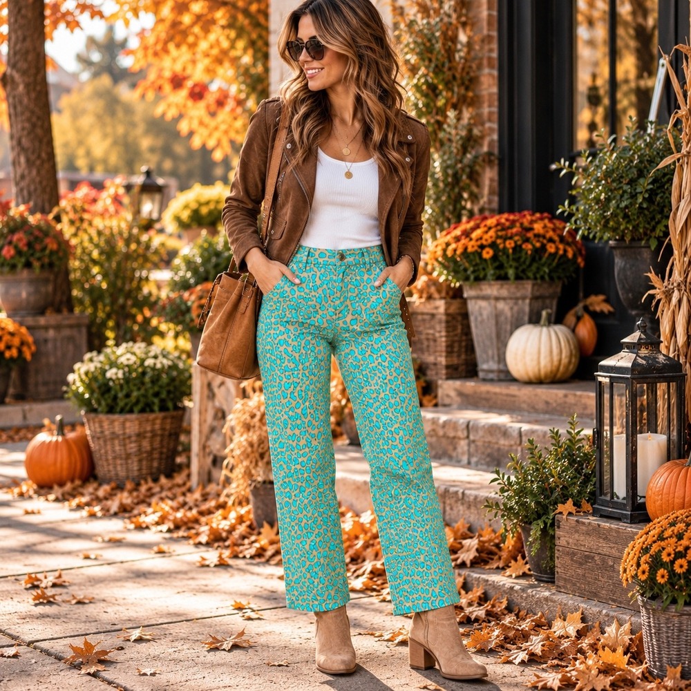 Xhilaration Women's 11 Turquoise Tan Leopard Animal Print Straight Leg Pants